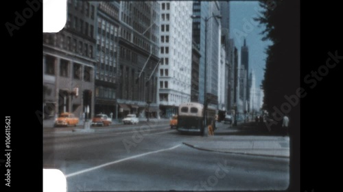Looking Up Michigan Avenue 1957 - Looking north on Michigan Avenue from the intersection with Van Buren Street, in Chicago, Illinois in 1957.