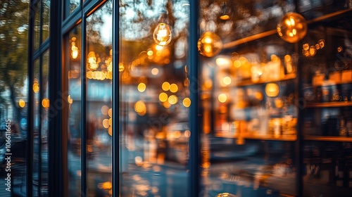 A cafe window with lights strung across the storefront at dusk, with a blurry interior. photo