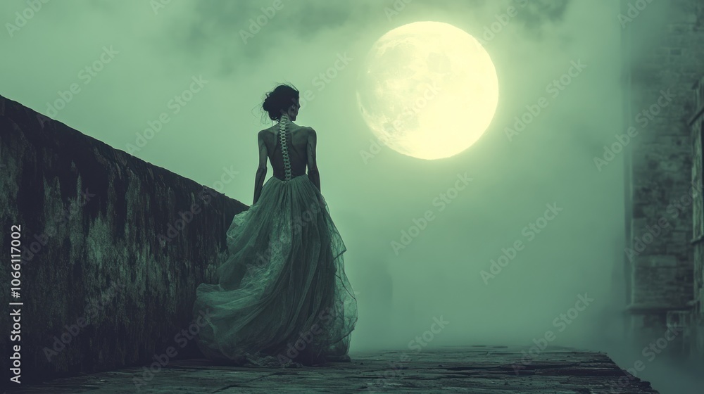 A Woman in a White Dress Walks Away From the Full Moon