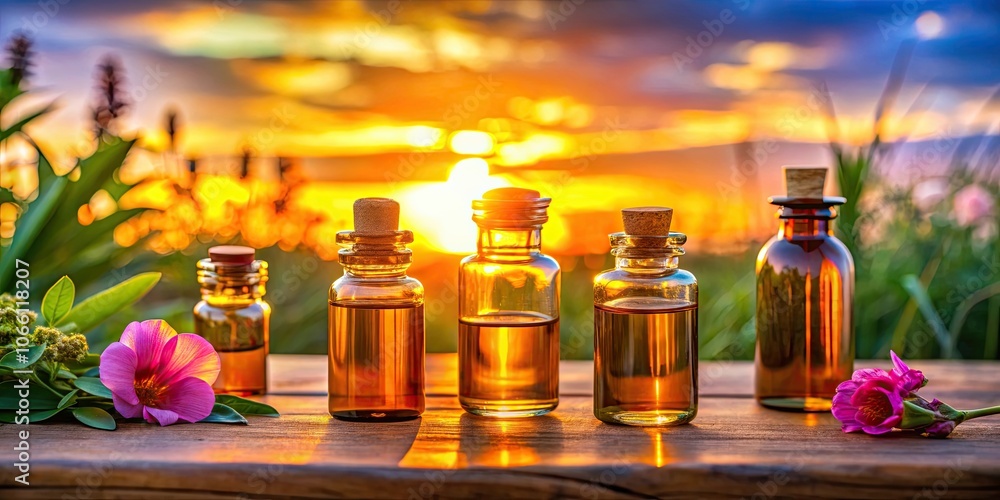 Bottles of aromatherapy essential oil for sleep in the bedroom at sunset, bedroom, sunset, aromatherapy, essential oil Bottles of aromatherapy essential oil for sleep in the bedroom at sunset, bedroom, sunset, aromatherapy, essential oil