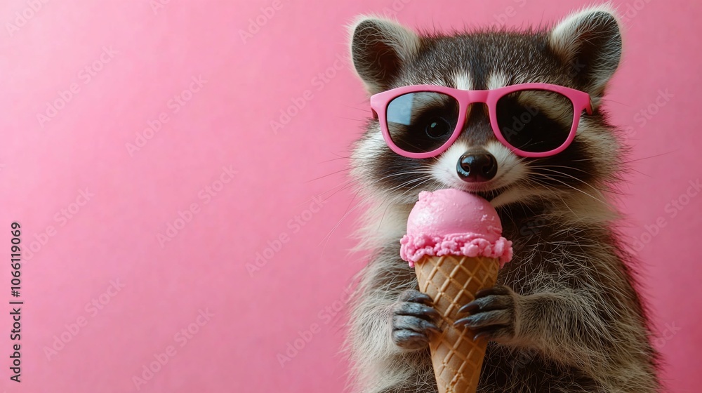 A cute raccoon wearing pink sunglasses holds an ice cream cone in its paws against a pink background. A cute raccoon wearing pink sunglasses holds an ice cream cone in its paws against a pink background.