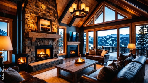 Cozy mountain cabin living room with fireplace and panoramic winter views