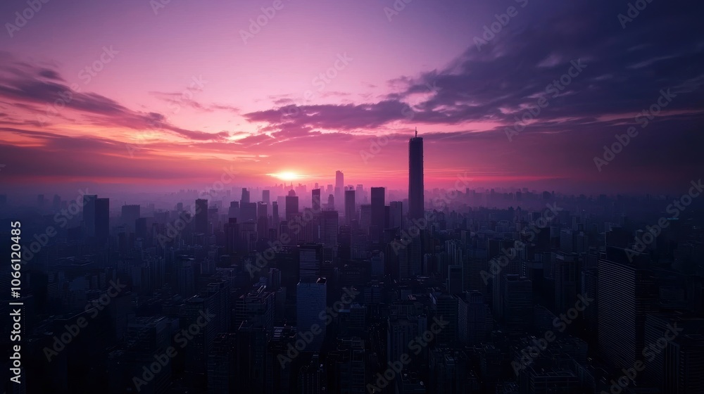 Fototapeta premium Majestic city skyline at sunset with dramatic clouds