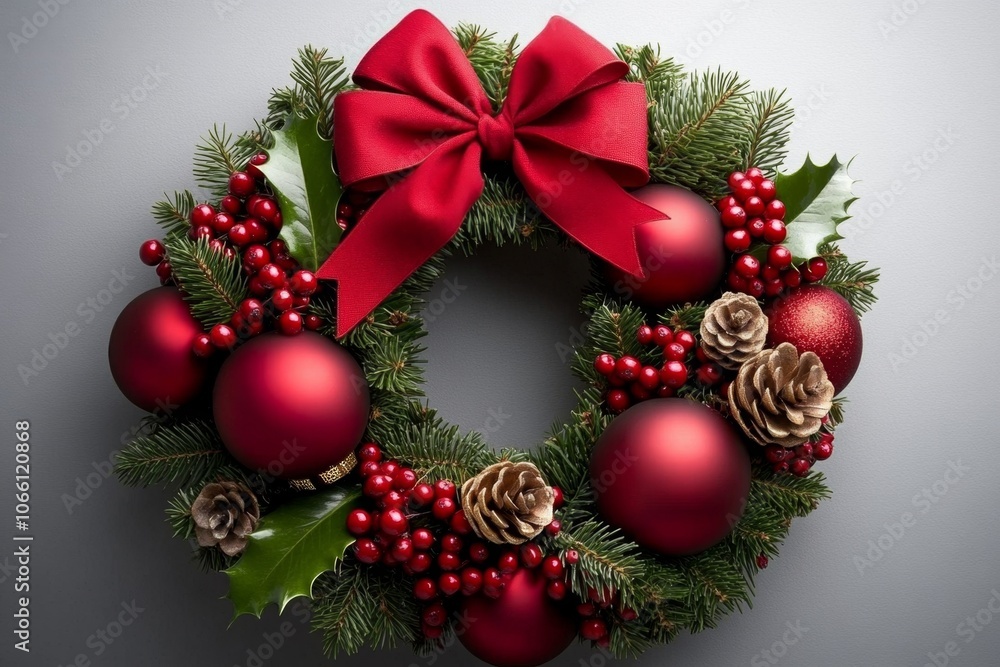 A 2D illustration of a holiday wreath with red berries and a bow, set on a plain white background A 2D illustration of a holiday wreath with red berries and a bow, set on a plain white background