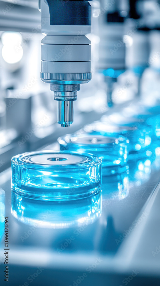 A blue liquid is being poured into a clear container. The container is on a conveyor belt and is surrounded by other containers. Concept of precision and efficiency A blue liquid is being poured into a clear container. The container is on a conveyor belt and is surrounded by other containers. Concept of precision and efficiency