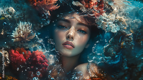 An intriguing underwater-themed portrait with a model surrounded by coral and marine life, exuding an otherworldly charm. Dreamscape. Illustration photo