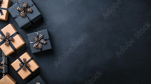 Stylish black gift boxes adorned with ribbon bows are arranged on a dark background, perfect for promoting Black Friday sales photo