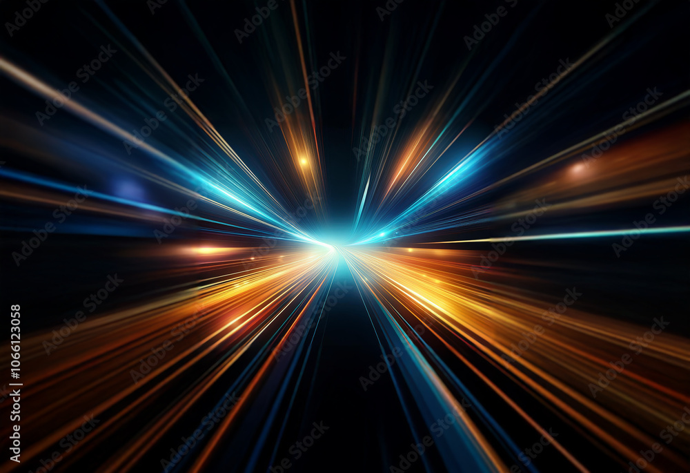 A vibrant abstract design of blue and orange streaks of light emanating outwards against a black background, simulating the motion of traveling at high speed. A vibrant abstract design of blue and orange streaks of light emanating outwards against a black background, simulating the motion of traveling at high speed.