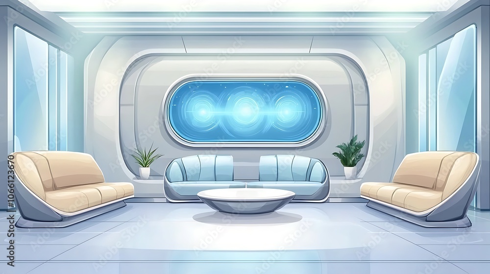 Futuristic Living Room with Modern Furniture and a View of Space. Futuristic Living Room with Modern Furniture and a View of Space.