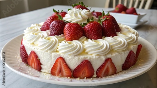 Wallpaper Mural Whipped Cream and Strawberry Cake, a Delectable Dessert with Whimsical Whipped Cream Rosettes and Fresh Strawberries, a Culinary Masterpiece on a White Plate Torontodigital.ca