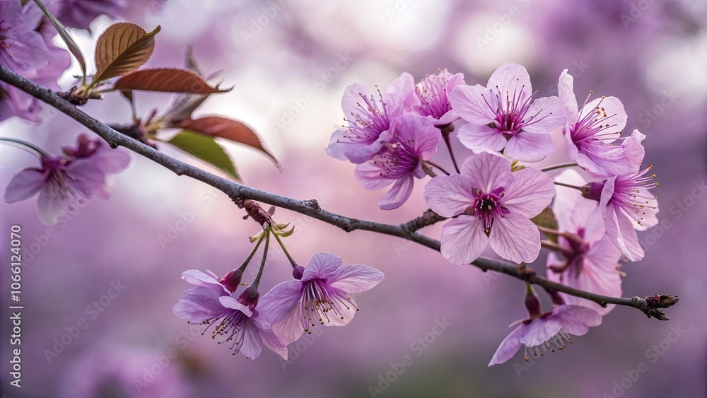Delicate Pink Blossoms Gracefully Extend From a Branch Amidst a Softly Blurred Background of Similar Flowers Delicate Pink Blossoms Gracefully Extend From a Branch Amidst a Softly Blurred Background of Similar Flowers