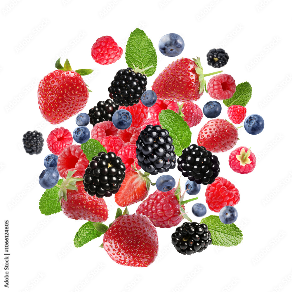 Mix of fresh berries in air on white background Mix of fresh berries in air on white background