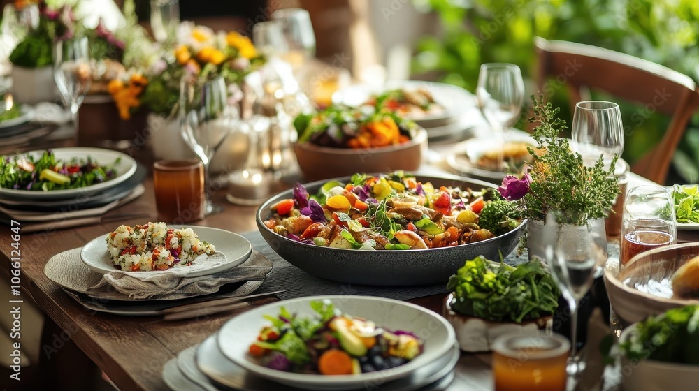 Vegetarian dinner party, vibrant dishes, sleek table setup, cozy atmosphere Vegetarian dinner party, vibrant dishes, sleek table setup, cozy atmosphere