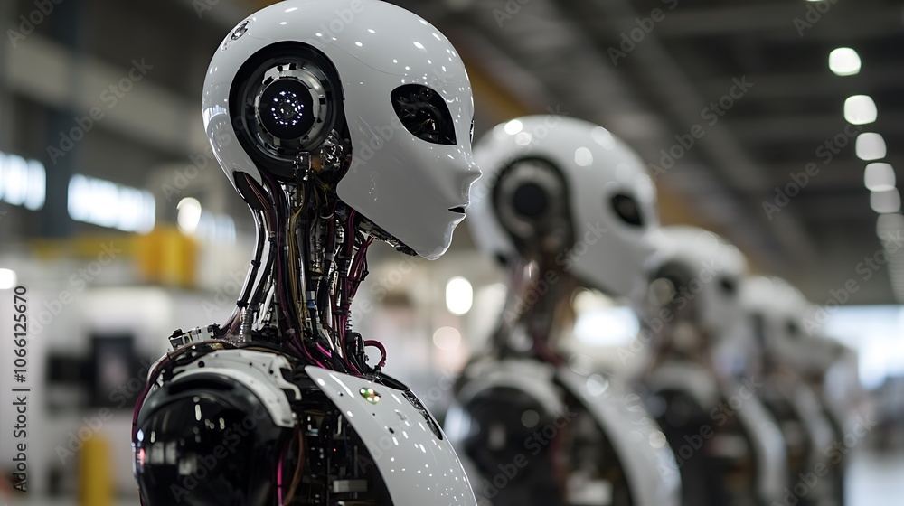 Fototapeta premium A Row of Humanoid Robots in a Factory