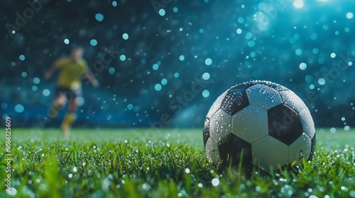 Soccer ball covered in water droplets lies on the lush green grass of a playing field during a night match, a blurred player in the background adding a sense of action and anticipation photo