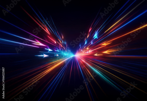 Abstract artwork of brightly colored streaks of light radiating outward from a dark center with the appearance of moving at high speed.