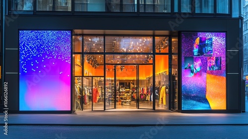A modern storefront with colorful digital displays showcasing clothing and accessories.