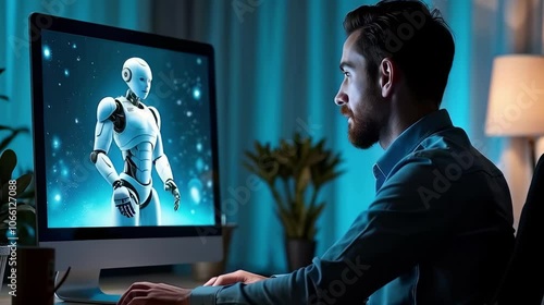 Adult man in headphones enters prompt in AI image generator app on PC. Advanced artificial intelligence chatbot generate detailed image portrait of sci-fi robot. From text prompt to generated photo.