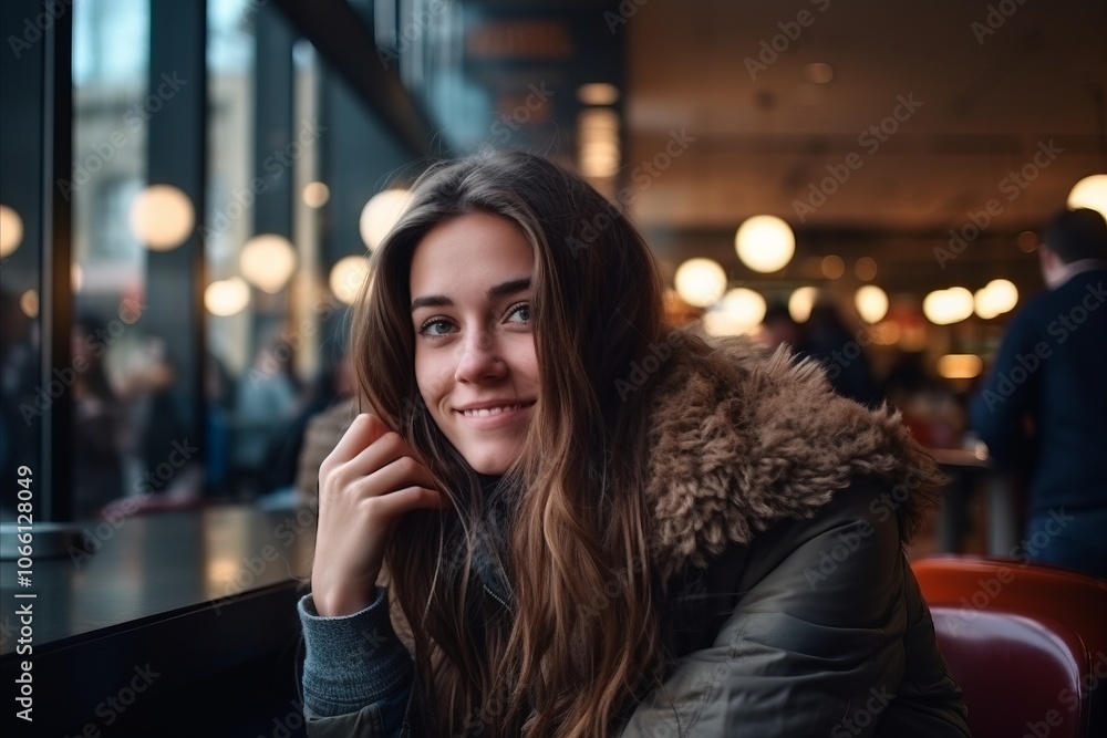 Portrait of a beautiful young woman with long hair in a cafe Portrait of a beautiful young woman with long hair in a cafe