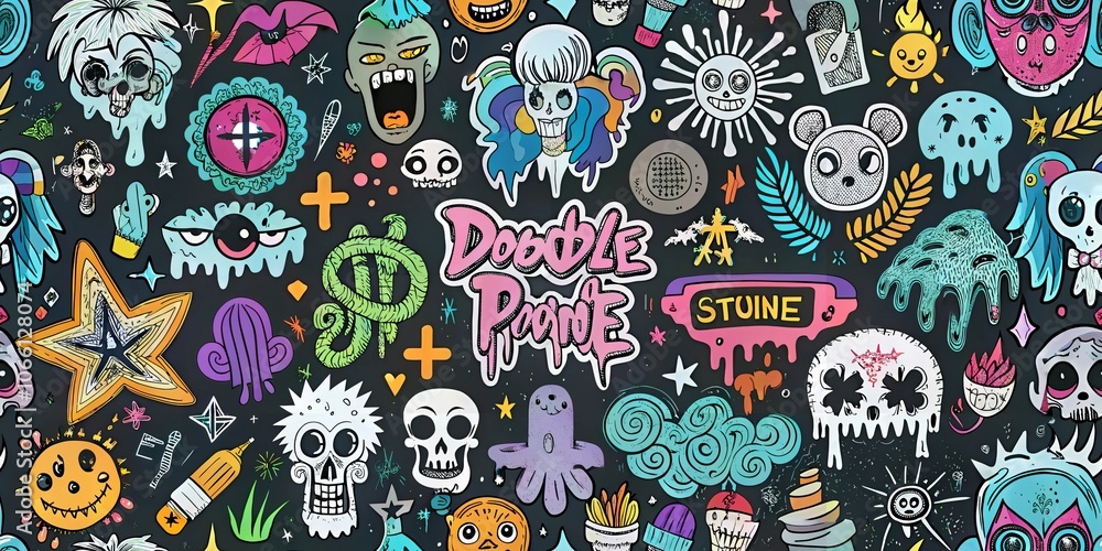 Naklejka premium Colorful doodle parade: vibrant skeletons, symbols, and playful elements on black