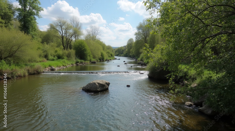 A Serene Water Stream in Ano Poroia, Northern Greece Surrounded by Greenery. Generative AI A Serene Water Stream in Ano Poroia, Northern Greece Surrounded by Greenery. Generative AI