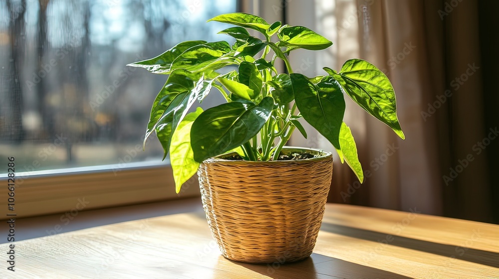 A potted houseplant with green leaves sits on a wooden table next to a window with sunlight streaming in. A potted houseplant with green leaves sits on a wooden table next to a window with sunlight streaming in.