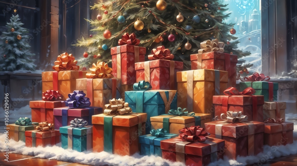 Fototapeta premium Christmas Tree Surrounded by Gift Packs