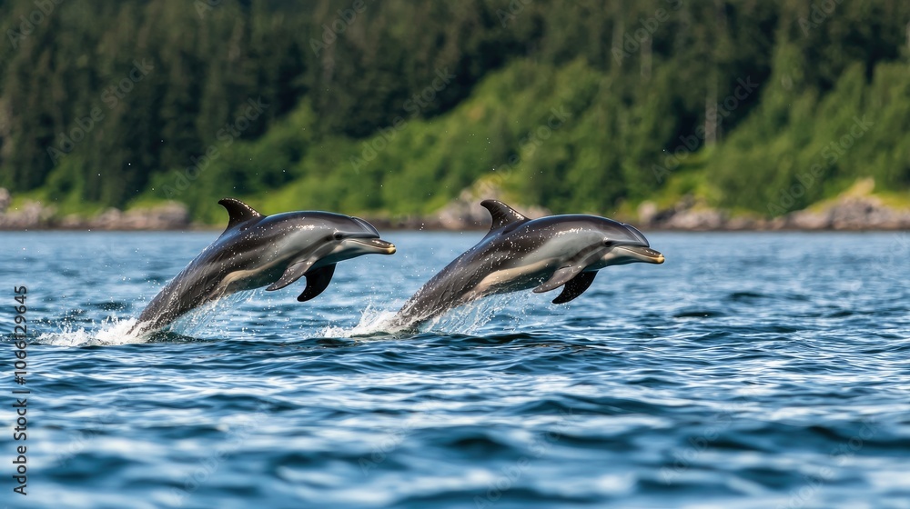 Fototapeta premium Dolphins jumping above the water in a beautiful natural setting.