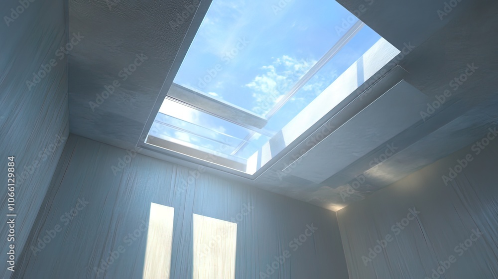 A skylight in a modern interior with a view of a blue sky. A skylight in a modern interior with a view of a blue sky.