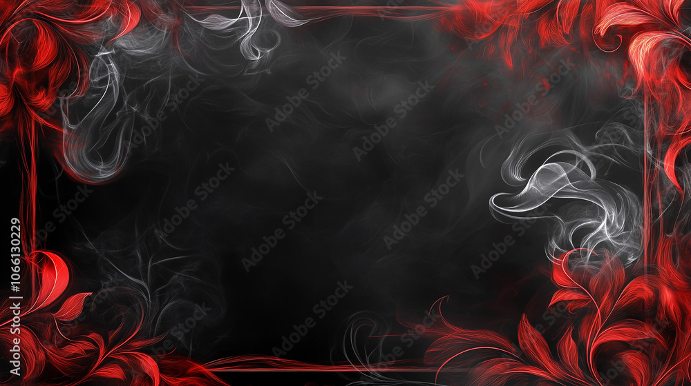 Abstract smoky floral frame with red and white flowing patterns on a dark background. Border, postcard, banner, card. Empty copy space for design. Abstract smoky floral frame with red and white flowing patterns on a dark background. Border, postcard, banner, card. Empty copy space for design.