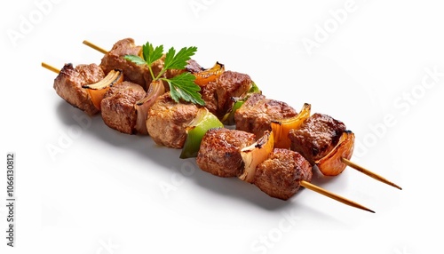 Grilled meat skewer isolated on white, Souvlaki chicken, kebab doner. Greek grill food, top view. Design element