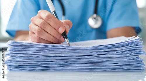A healthcare professional in scrubs writes notes on a stack of documents, emphasizing the importance of paperwork in medical practice.