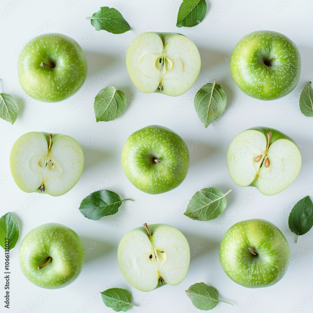 Fototapeta premium Close-up Top View of Green Apples with Sliced Pieces