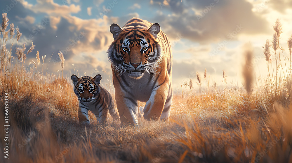 Obraz premium un tigre con su cachorro caminando por el pasto seco al aire libre en la selva en la naturaleza vida salvaje animales depredadores y salvajes belleza en la naturaleza