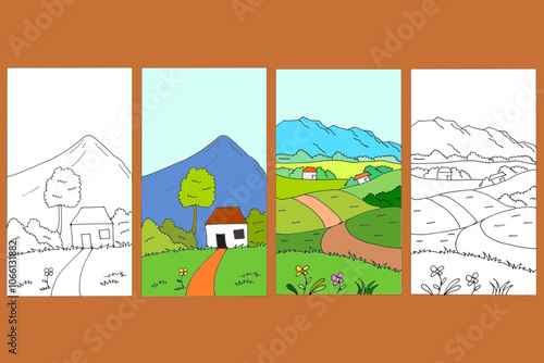 coloring page scenery deawing, with black and white