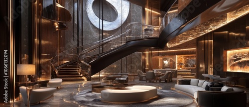 Luxurious hotel lobby with a grand staircase and modern furniture.