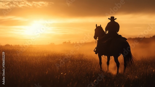 Silhouette of Cowboy Riding Horse into Golden Sunset - Western Landscape Photography