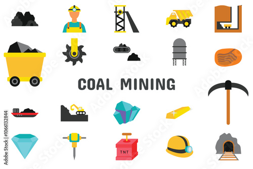 Coal Mining Line Glyph Vector Illustration Icon Sticker Set Design Materials
