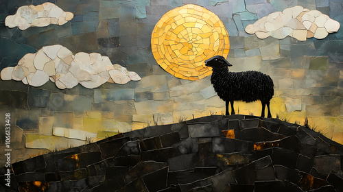 Glass mosaic collage with sheep-like clouds and a black sheep on a steep hill