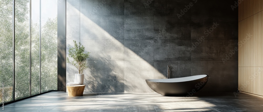 Modern bathroom with a freestanding bathtub, large window and a potted plant on a wooden stool. Modern bathroom with a freestanding bathtub, large window and a potted plant on a wooden stool.