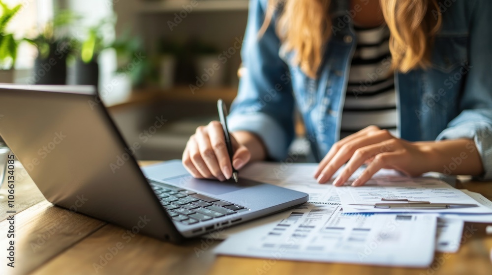 Woman Working at Desk with Laptop and Documents Woman Working at Desk with Laptop and Documents