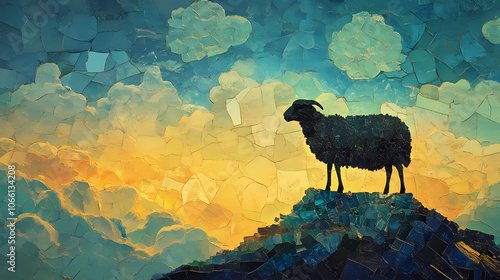 Glass mosaic collage with sheep-like clouds and a black sheep on a steep hill