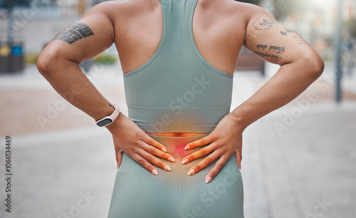 Back pain, fitness and woman with red glow in city for muscle sprain with running exercise. Sports, injury and female athlete with nerve compression for cardio workout or race training in town.