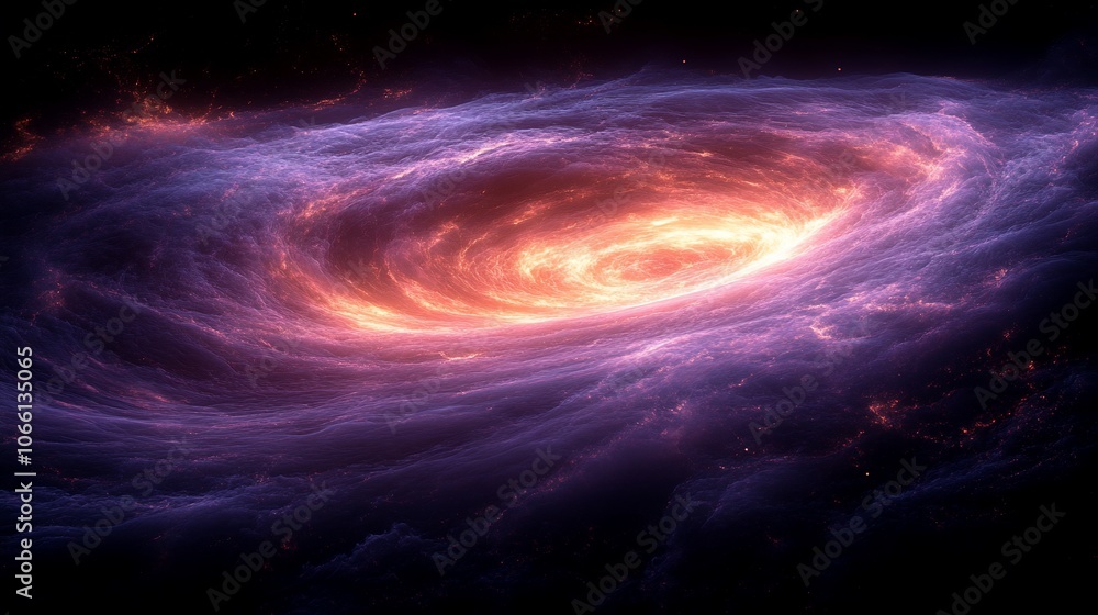 Obraz premium A swirling, ethereal galaxy with a bright, fiery core. The galaxy is filled with swirling clouds of gas and dust, illuminated by the central core.