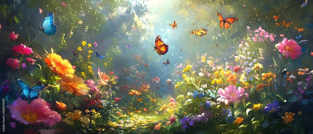 Fototapeta premium A vibrant garden scene filled with colorful flowers and butterflies, depicting nature's beauty and tranquility.