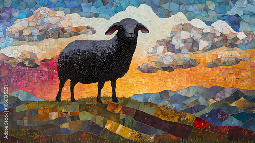 Glass mosaic collage with sheep-like clouds and a black sheep on a steep hill
