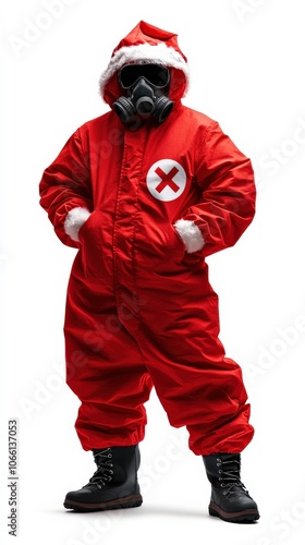 Person wearing a red Santa suit and gas mask on white background. photo