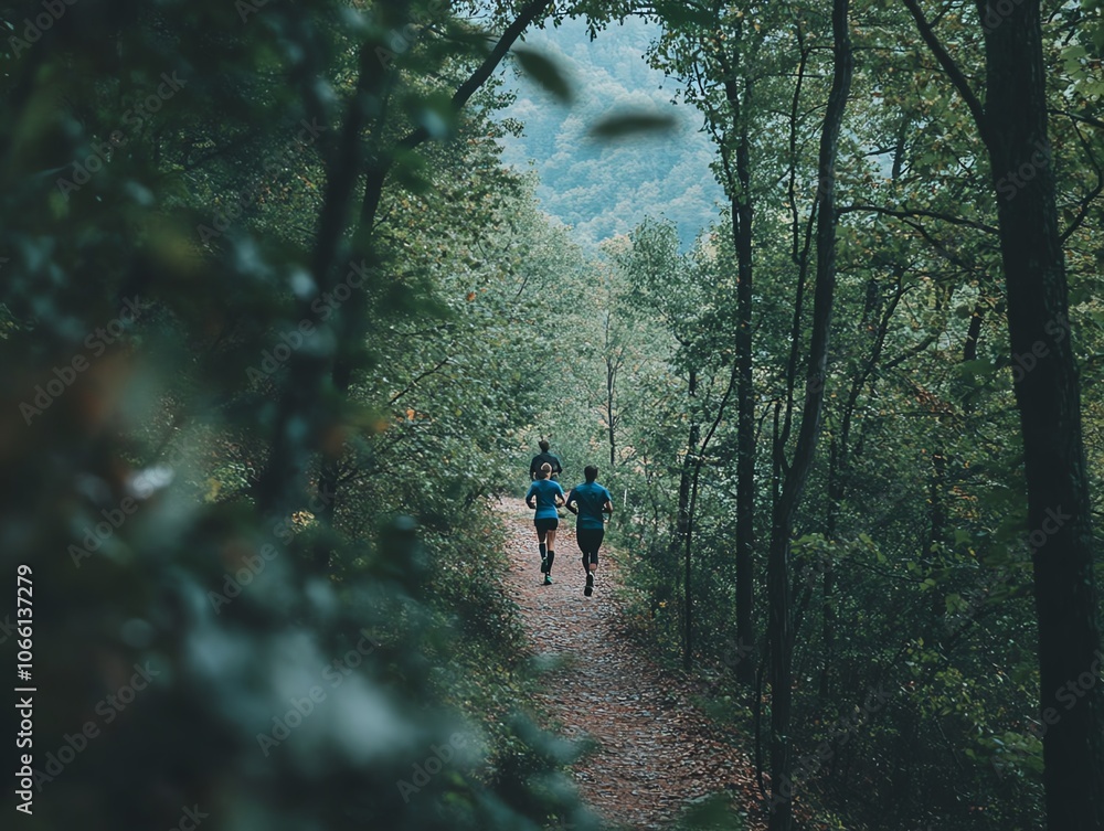 Fototapeta premium Three people jogging on a scenic forest trail surrounded by lush greenery, enjoying a refreshing outdoor exercise in nature.