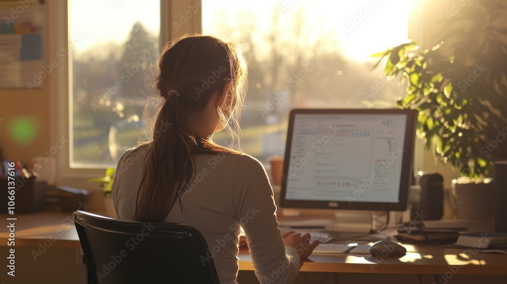 custom made wallpaper toronto digitalWoman Sitting at Desk Working on Computer with Sunlight Streaming In