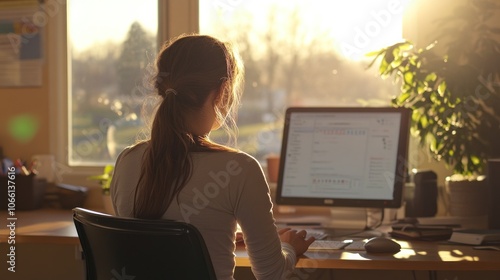 Wallpaper Mural Woman Sitting at Desk Working on Computer with Sunlight Streaming In Torontodigital.ca